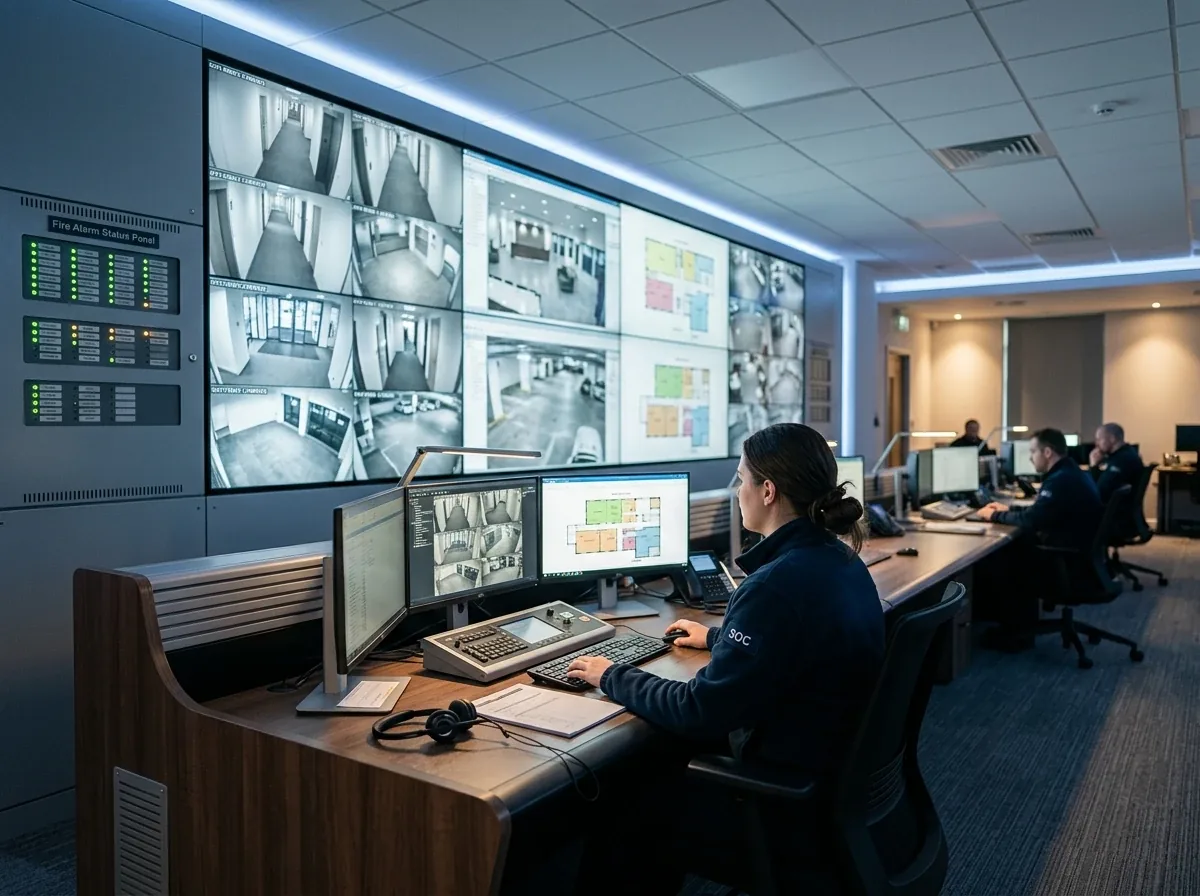 Security control room with monitoring screens