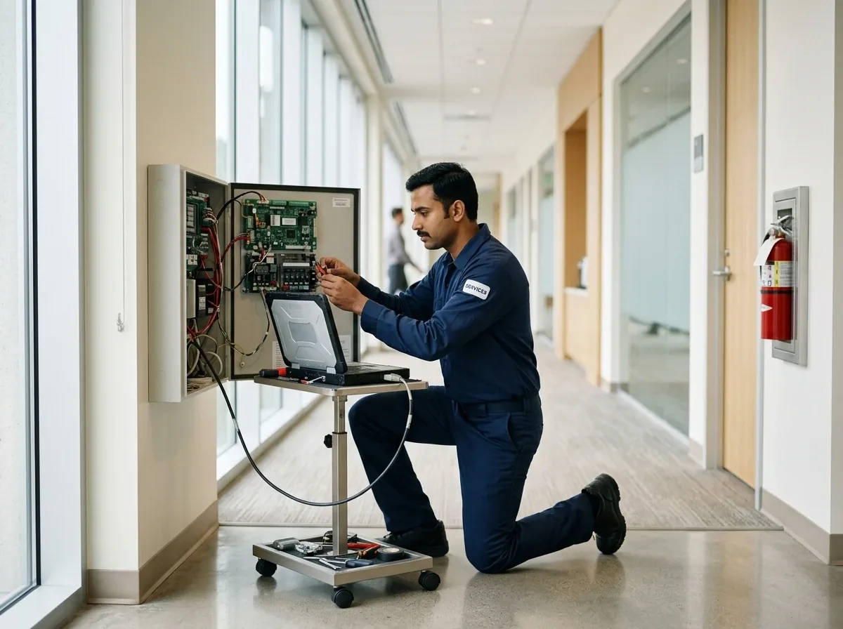 Technician servicing a fire alarm panel